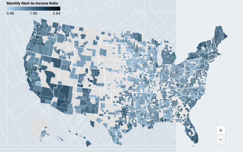 a map of the United States with small clusters (representing counties) in colors from navy to gray. The navy clusters are especially common on the coasts, while the center of the country has larger, gray areas.